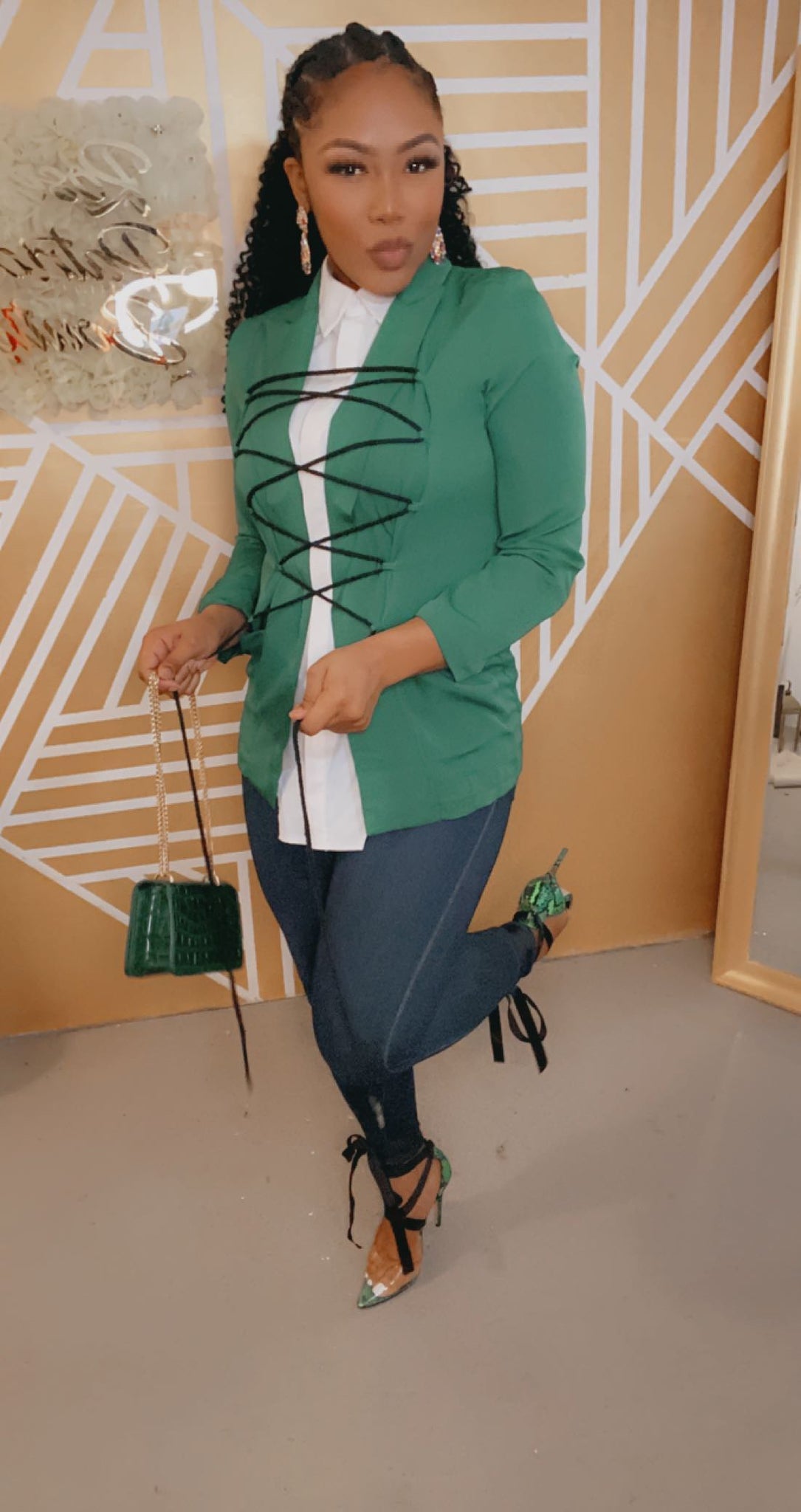 Green | Lace Up Blazer Blouse